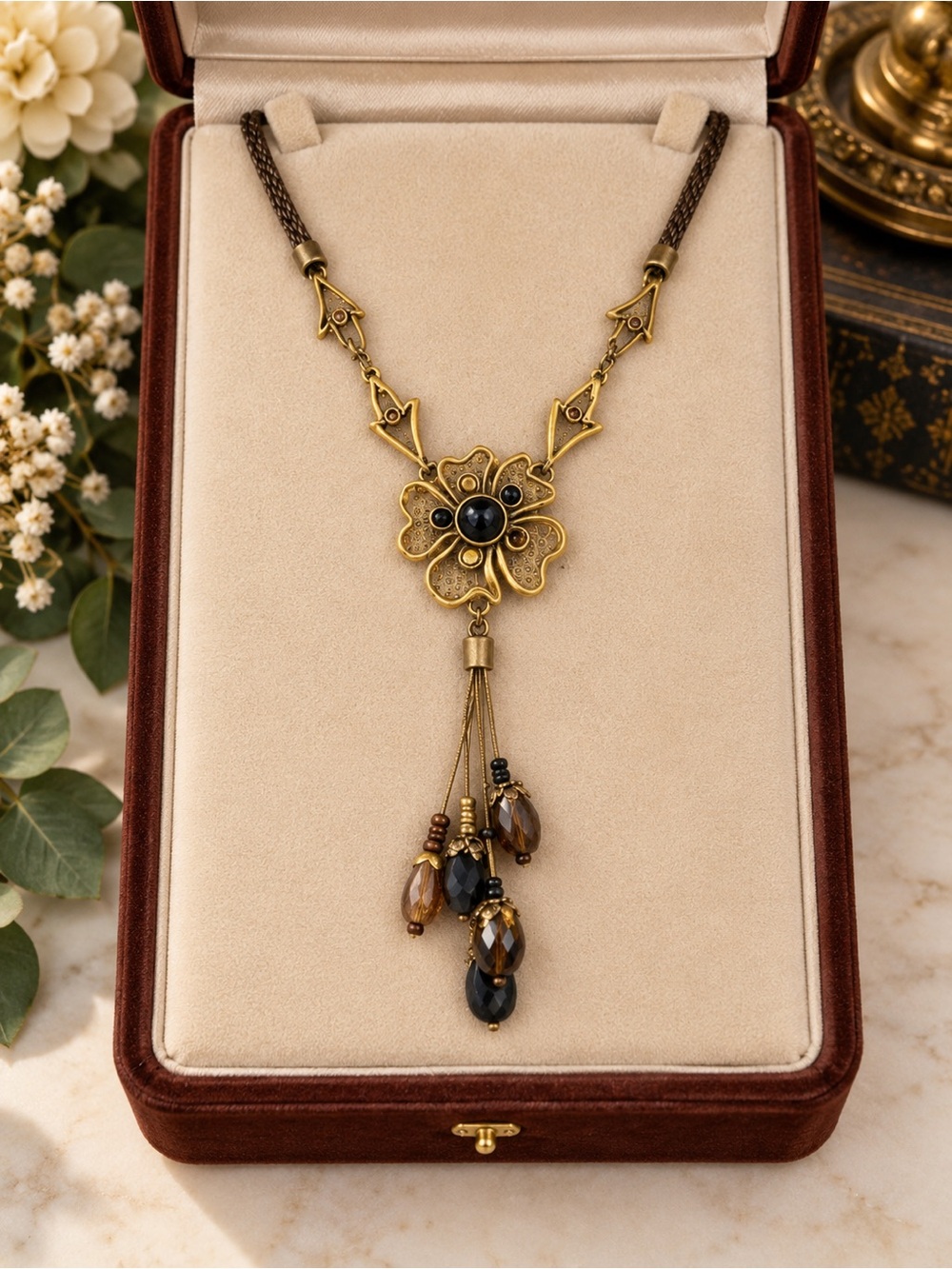 Chico’s Flower Pendant Beaded Tassel Necklace Vintage Style Antique Gold Tone